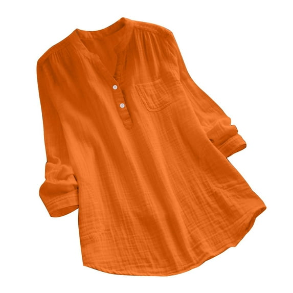 AherBiu Long Sleeve Tops for Women Cotton Linen Shirts 1/4 Button V Neck Fall Casual Loose Pullover Lightweight Blouse