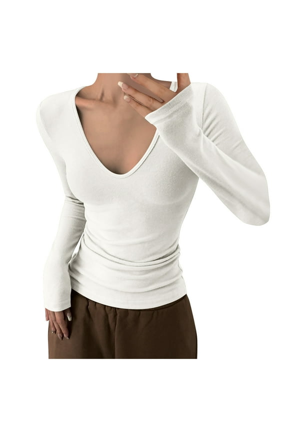 Long Sleeve Tops for Women Deep V Neck Fall Casual Fitted Comfy Tshirt Basic Layer Undershirt Plain Tees