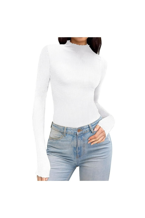 Long Sleeve Tops for Women High Neck Ribbed Slim Stretchy Undershirts Basic Layer Top Blouse