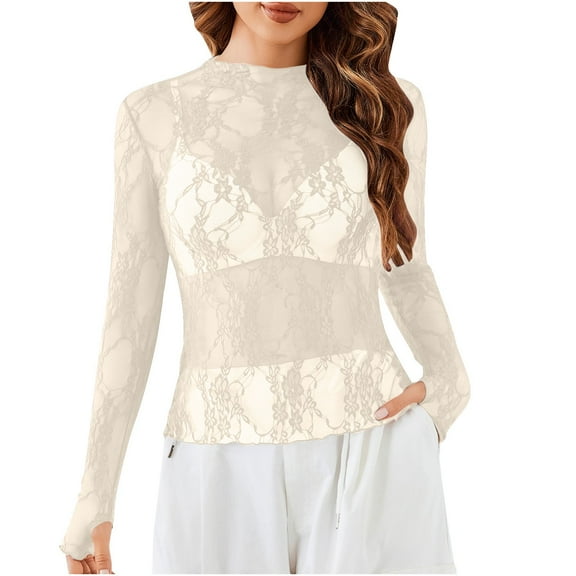 AherBiu Long Sleeve Tops for Women Hollow out Lace Mesh Turtleneck T Shirts Sunproof Party Blouse