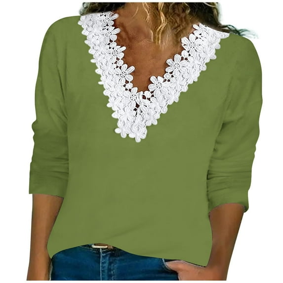 AherBiu Long Sleeve Tops for Women Lace V Neck Fall Casual Loose Basic T Shirts Blouse Comfy Plain Tees