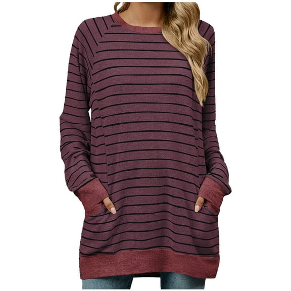 AherBiu Long Sleeve Tops for Women Striped Crewneck Fall Casual Loose Pullover T Shirts with Pockets