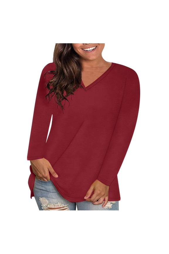 Long Sleeve Tops for Women T Shirts V Neck Comfy Stretchy Basic Layer Top Tees Solid Color