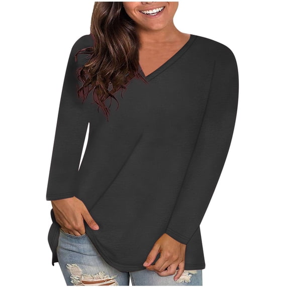 AherBiu Long Sleeve Tops for Women T Shirts V Neck Comfy Stretchy Basic Layer Top Tees Solid Color