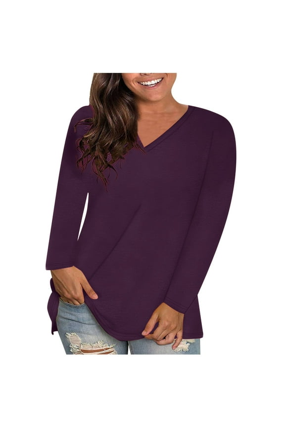 Long Sleeve Tops for Women T Shirts V Neck Comfy Stretchy Basic Layer Top Tees Solid Color