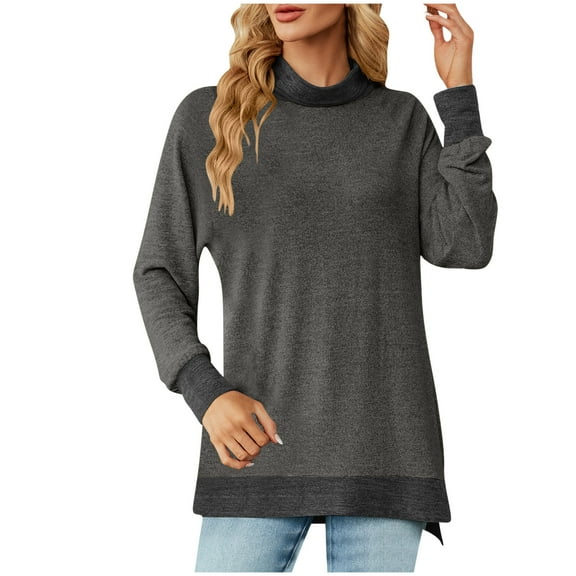 AherBiu Long Sleeve Tops for Women Turtleneck Pullover Fall Casual Loose Color Blocked Tunic Shirts Blouse