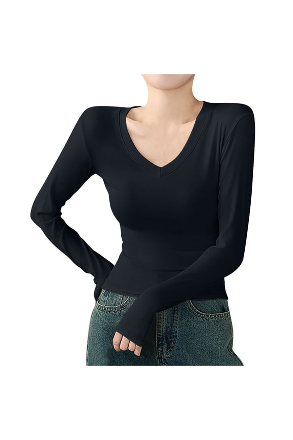 Long Sleeve Tops for Women V Neck Basic Layer T Shirts Slim Fitted Tees Comfy Blouse Undershirt