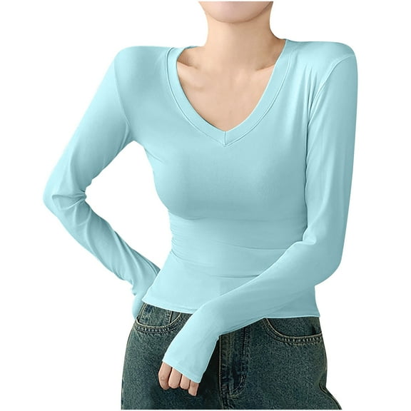 AherBiu Long Sleeve Tops for Women V Neck Basic Layer T Shirts Slim Fitted Tees Comfy Blouse Undershirt