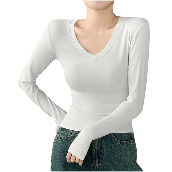 AherBiu Long Sleeve Tops for Women V Neck Basic Layer T Shirts Slim Fitted Tees Comfy Blouse Undershirt