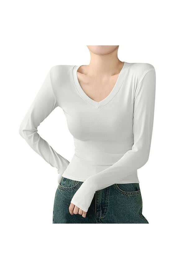 Long Sleeve Tops for Women V Neck Basic Layer T Shirts Slim Fitted Tees Comfy Blouse Undershirt