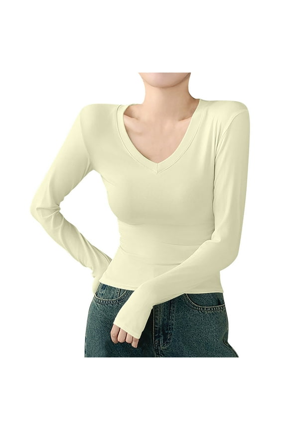 Long Sleeve Tops for Women V Neck Basic Layer T Shirts Slim Fitted Tees Comfy Blouse Undershirt