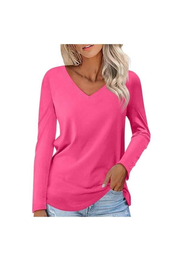 Long Sleeve Tops for Women V Neck Comfy Basic T Shirts Layer Tees Undershirts Plain Solid Color Pajama Tops