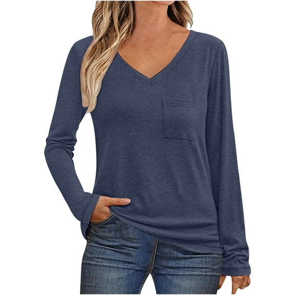 AherBiu Long Sleeve Tops for Women V Neck Comfy Fitted T Shirts Casual Basic Top Tees with Pocket
