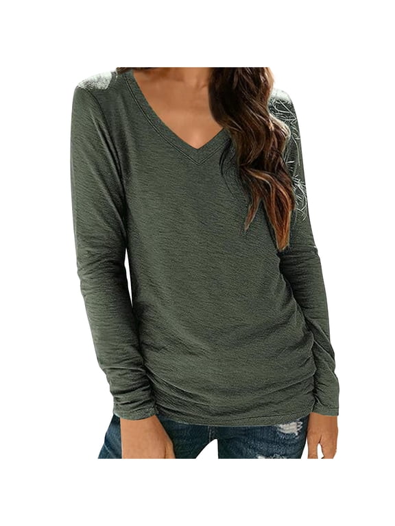 Long Sleeve Tops for Women V Neck Fall Casual Relaxed Fitted Comfy T Shirts Pajamas Undershirt