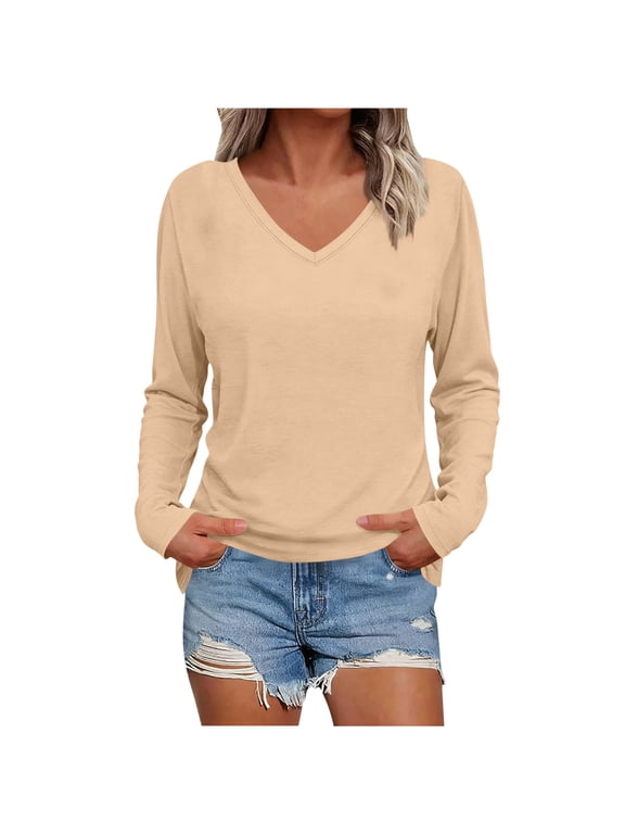 Long Sleeve Tops for Women V Neck Tshirt Fall Casual Loose Fitted Stretch Comfy Basic Plain Tees Undershirt(Large,Khaki1)