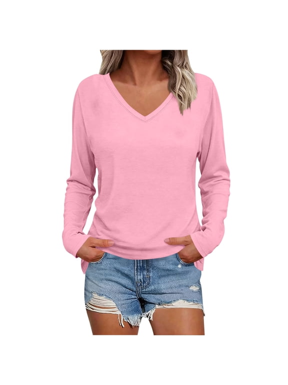 Long Sleeve Tops for Women V Neck Tshirt Fall Casual Loose Fitted Stretch Comfy Basic Plain Tees Undershirt(X-Large,Pink1)
