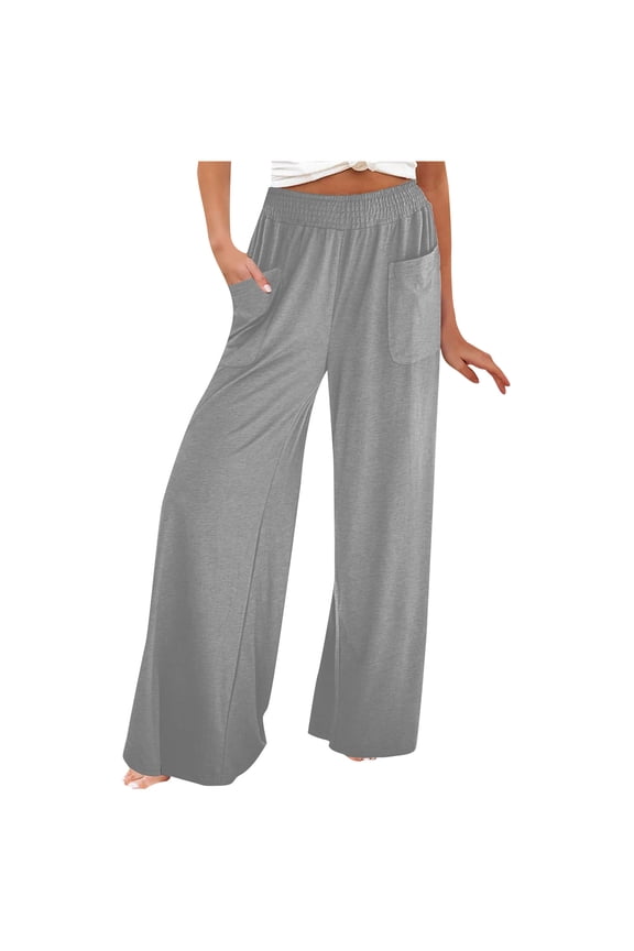 Lounge Pants for Women Smocked High Waisted Straight Wide Leg Comfy Pajamas Trousers with Pockets