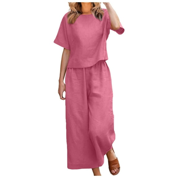 AherBiu Lounge Sets for Women 2 Piece Cotton Linen Short Sleeve Tops with Wide Leg Pants Summer Outfits