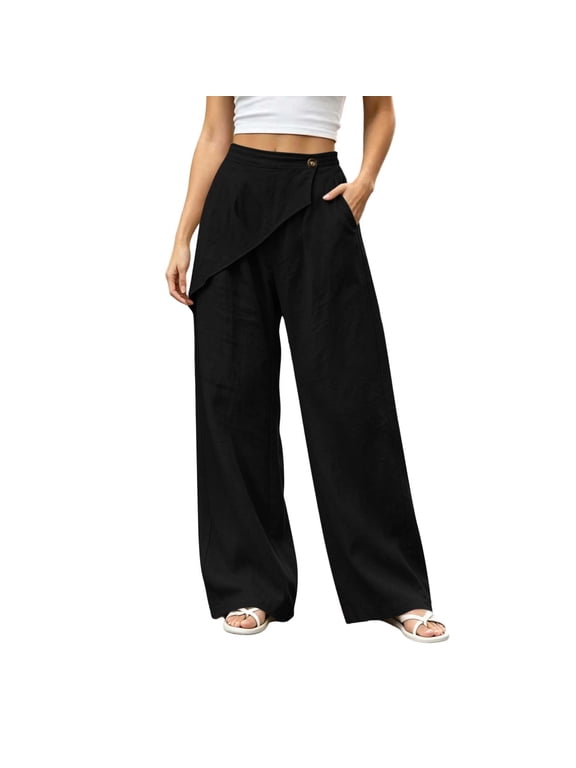 Loungewear Pants for Women Button Wrap Front Elastic Waist Straight Wide Leg Lightweight Casual Loose Pants with Pockets(Medium,Black)