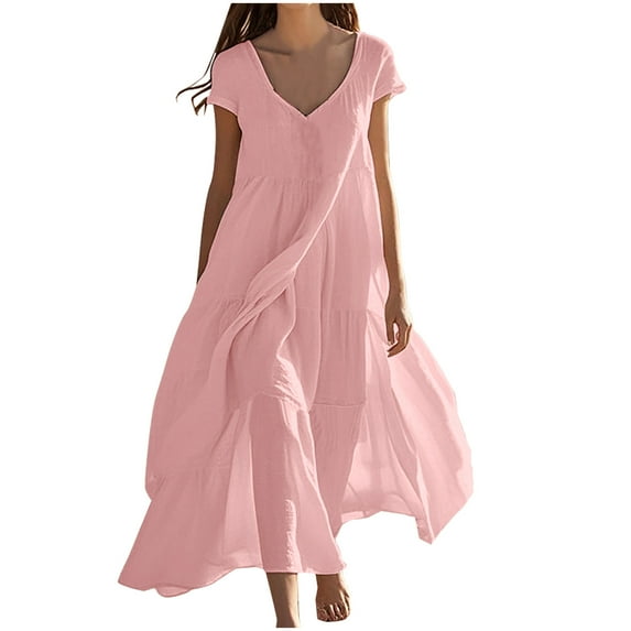 AherBiu Maxi Dresses for Women Cotton Linen Boho Dress V Neck Short Sleeve Flowy Lightweight Summer Dresses