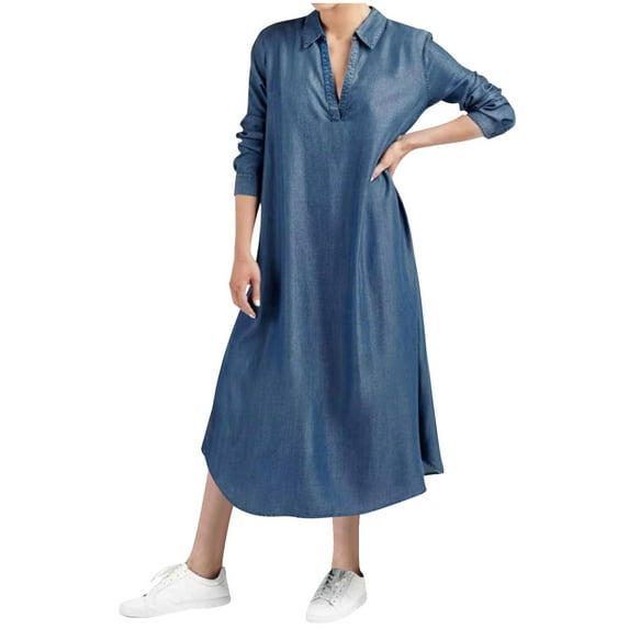 AherBiu Maxi Dresses for Women Plus Size Long Sleeve Lapel V Neck Business Casual Shirt Tall Dress