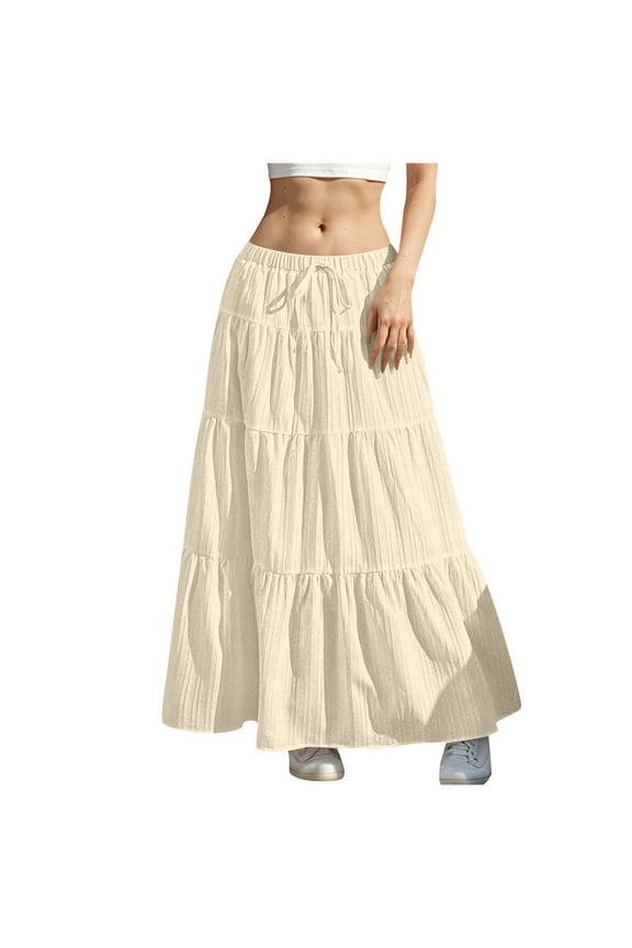 Maxi Skirts for Women Drawstring Elastic High Waisted Pleated Ruffle Flowy Long Boho Skirt