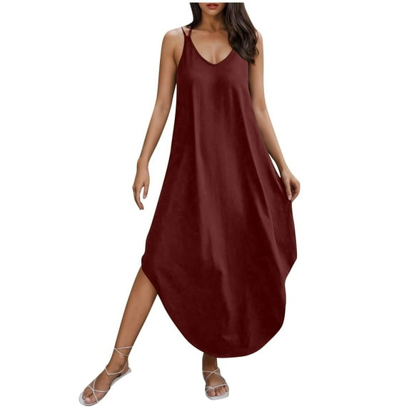 AherBiu Maxi Sundresses for Women Sleeveless Halter Deep V Neck Spaghetti Strap Irregular Long Dresses