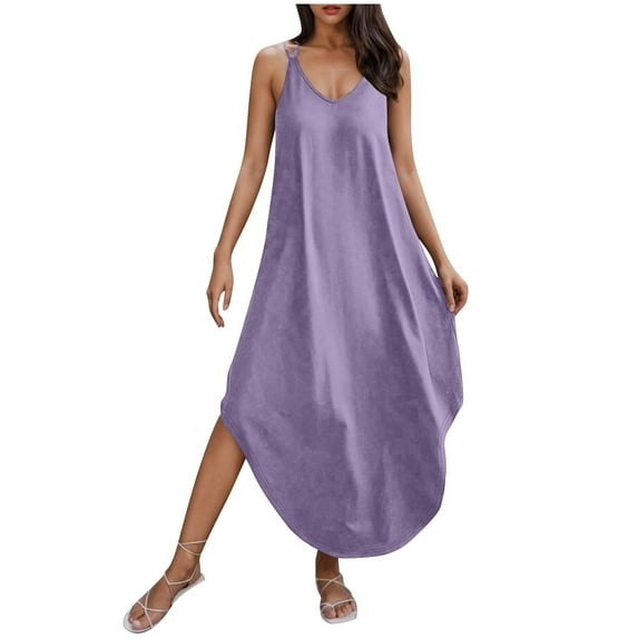 AherBiu Maxi Sundresses for Women Sleeveless Halter Deep V Neck Spaghetti Strap Irregular Long Dresses