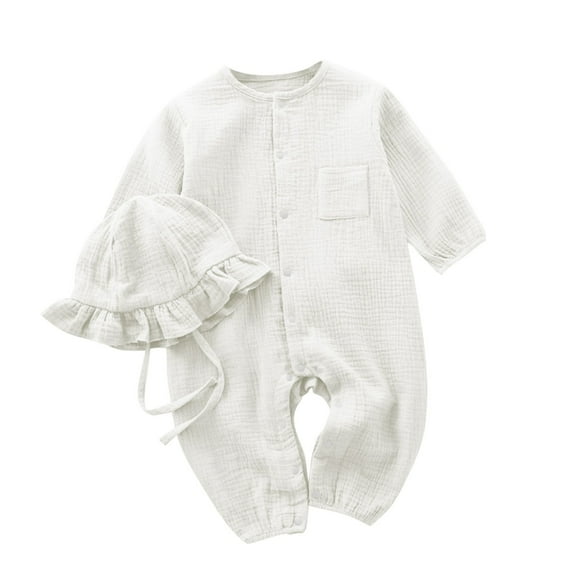 AherBiu Newborn Baby Clothes Long Sleeve Button down Rompers Open Leg Infant Jumpsuits with 1 Hat