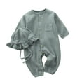 thumbnail image 1 of AherBiu Newborn Baby Clothes Long Sleeve Button down Rompers Open Leg Infant Jumpsuits with 1 Hat, 1 of 6