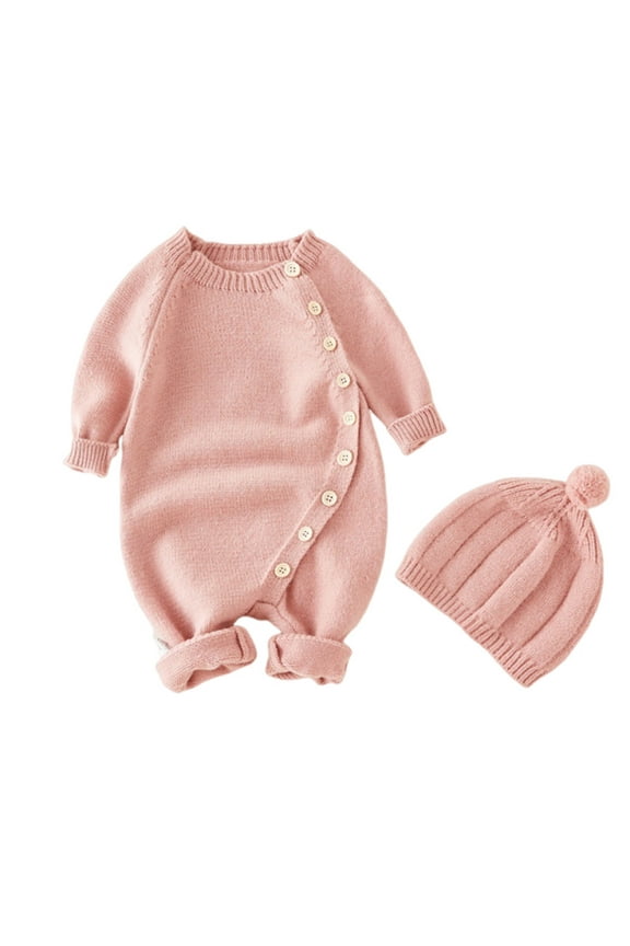 Newborn Baby Clothes Unisex Boys Girls Sweater Onesie Button Open Rompers Jumpsuit with 1 Hat