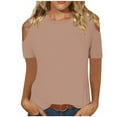 thumbnail image 1 of AherBiu Off Shoulder Tops T Shirts for Women Short Sleeve Summer Basic Solid Color Crewneck Tees, 1 of 6