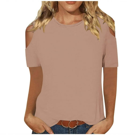 AherBiu Off Shoulder Tops T Shirts for Women Short Sleeve Summer Basic Solid Color Crewneck Tees
