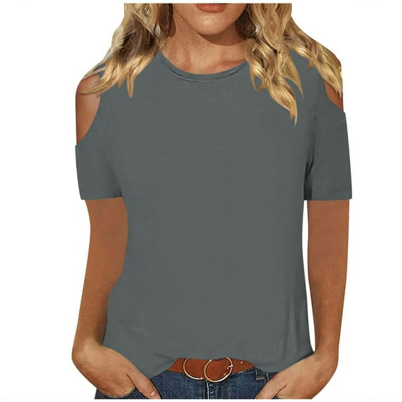AherBiu Off Shoulder Tops T Shirts for Women Short Sleeve Summer Basic Solid Color Crewneck Tees