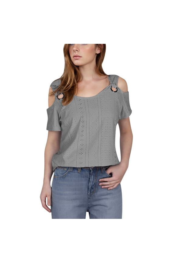 Off Shoulder Tops for Women Eyelet Short Sleeve V Neck Summer Vacation Beach Wear Shirts Blouse