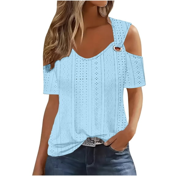 AherBiu Off Shoulder Tops for Women Eyelet Short Sleeve V Neck Summer Vacation Beach Wear Shirts Blouse