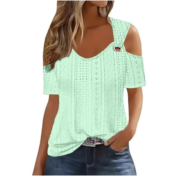 AherBiu Off Shoulder Tops for Women Eyelet Short Sleeve V Neck Summer Vacation Beach Wear Shirts Blouse