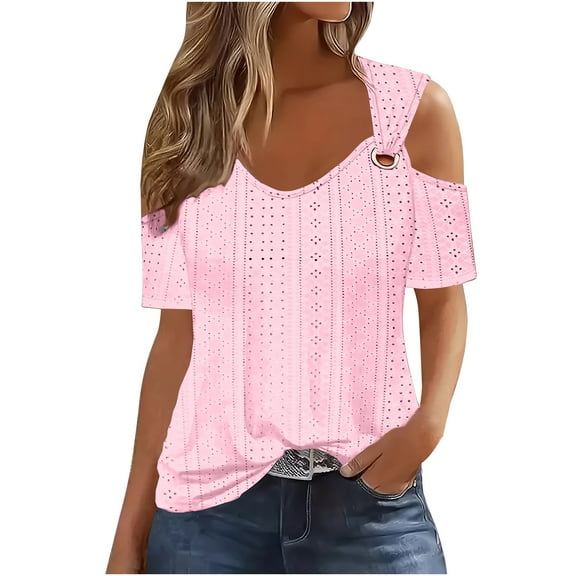 AherBiu Off Shoulder Tops for Women Eyelet Short Sleeve V Neck Summer Vacation Beach Wear Shirts Blouse