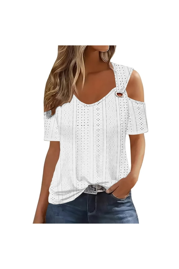 Off Shoulder Tops for Women Eyelet Short Sleeve V Neck Summer Vacation Beach Wear Shirts Blouse