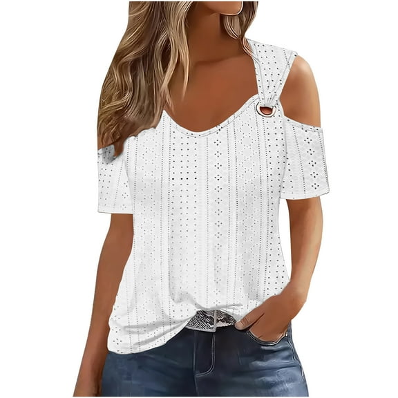 AherBiu Off Shoulder Tops for Women Eyelet Short Sleeve V Neck Summer Vacation Beach Wear Shirts Blouse