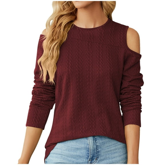 AherBiu Off Shoulder Tops for Women Long Sleeve Crewneck Dressy Casual Blouse Fall Cute Shirts Solid Color
