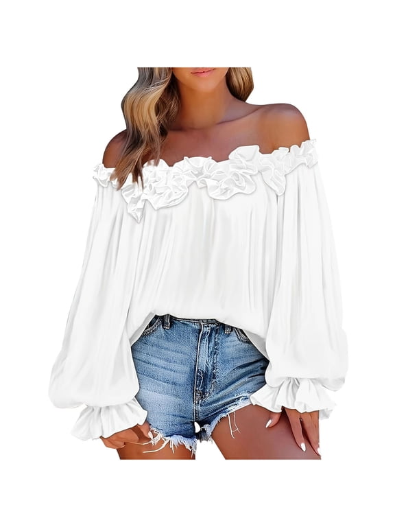 Off Shoulder Tops for Women Plus Size Ruffle Bubble Long Sleeve Ruched Loose Cute Shirt Dressy Casual Blouse