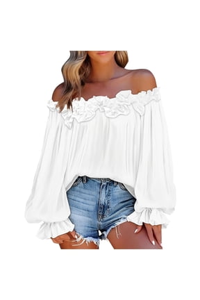Off Shoulder Tops for Women Ruffle Bubble Long Sleeve Ruched Loose Cute Shirt Dressy Casual Blouse