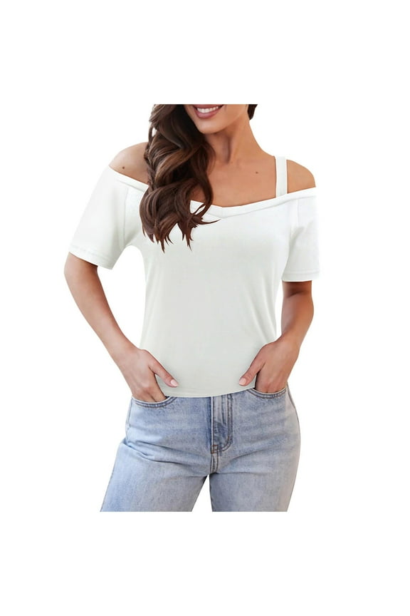Off Shoulder Tops for Women Short Sleeve Low Cut V Neck Summer Casual Comfy Fitting Shirts Blouse