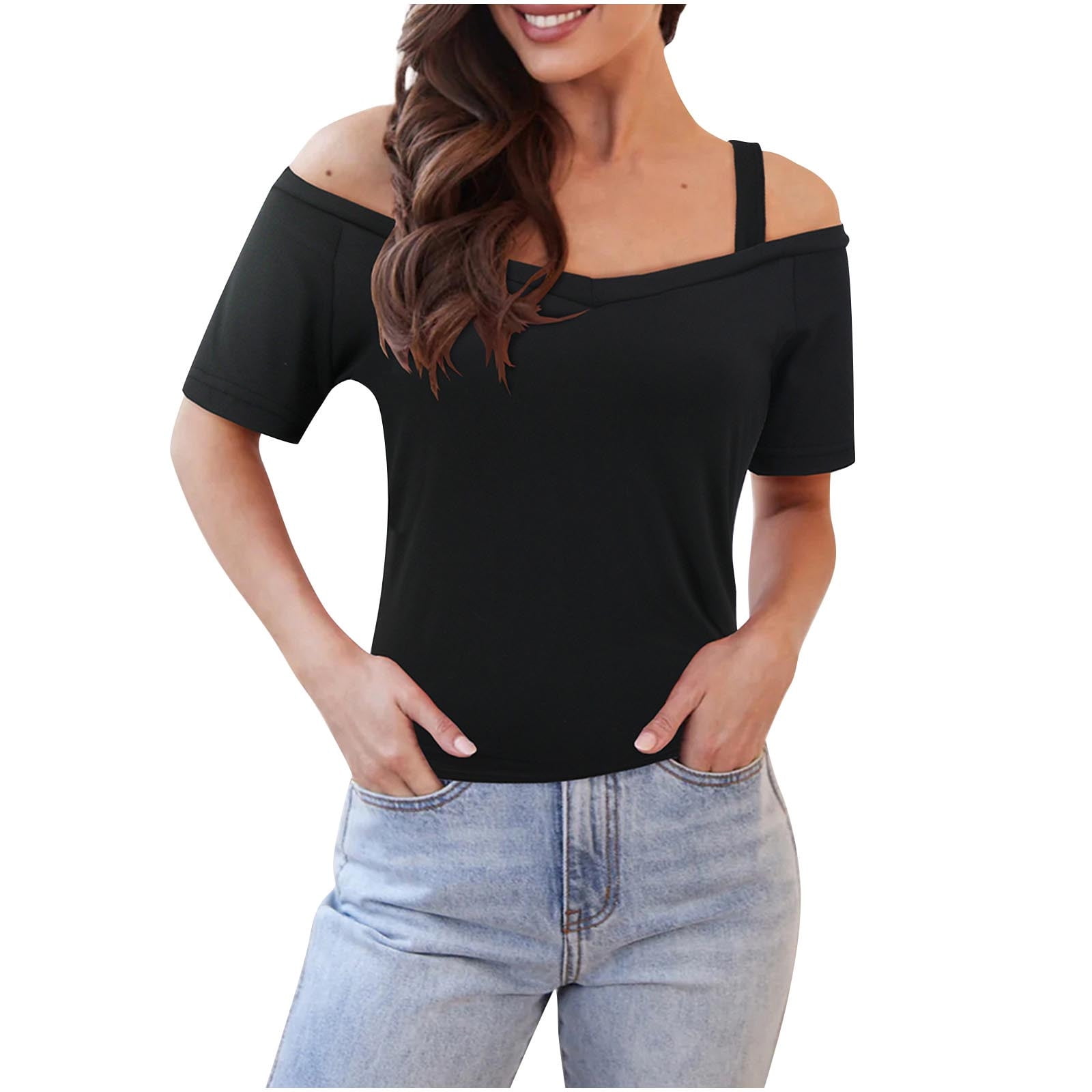 AherBiu Off Shoulder Tops for Women Short Sleeve Low Cut V Neck