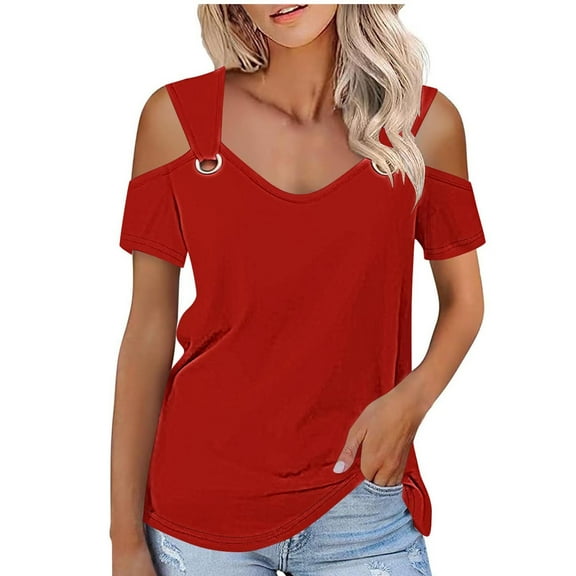 AherBiu Off Shoulder Tops for Women Short Sleeve V Neck Low Cut Summer Casual Loose Tunic Shirts Blouse