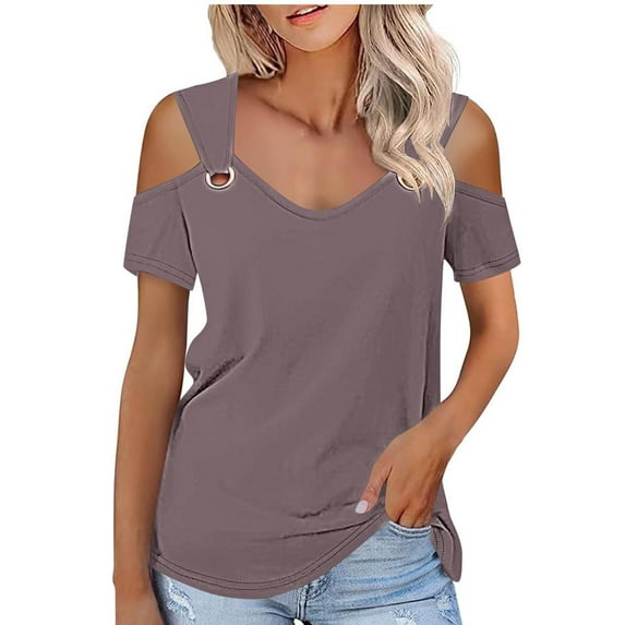 AherBiu Off Shoulder Tops for Women Short Sleeve V Neck Low Cut Summer Casual Loose Tunic Shirts Blouse