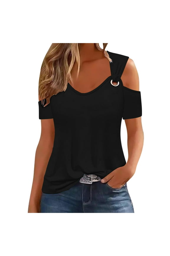 Off Shoulder Tops for Women Short Sleeve V Neck Low Cut Summer Casual Loose Tunic Shirts Blouse