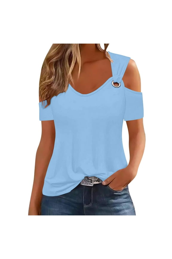 Off Shoulder Tops for Women Short Sleeve V Neck Low Cut Summer Casual Loose Tunic Shirts Blouse