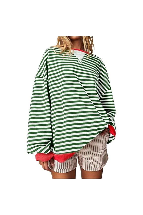 Oversized Crewneck Sweatshirts for Women Plus Size Striped Long Sleeve Drop Shoulder Fall Casual Pullover Tops